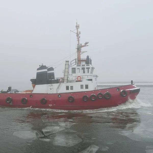 Bogserbåt Tjock Dimma Östersjön Vinterkustlandskap Godsbefordran Nautiska Fartyg Logistik Industri — Stockfoto