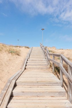 Güneşli bir günde Baltık Denizi kıyısı. Modern ahşap patika ve merdiven. Kumsal, kum tepeleri, kum tepecikleri. Gökyüzü açık. Idyllic manzara. Doğa, tatiller, dinlenme, eko turizm, yürüyüş, sağlıklı yaşam tarzı