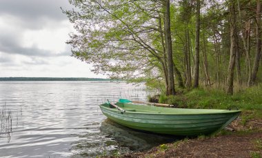 Orman gölüne demir atmış küçük yeşil bir tekne. İskandinavya. Ulaşım, geleneksel zanaat, eğlence, boş zaman aktivitesi, sağlıklı yaşam tarzı, yerel turizm, spor, kürek çekme, yürüyüş, yaz tatilleri temaları