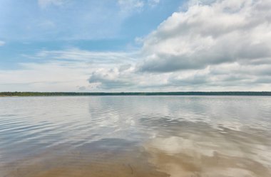 Kristal berrak bir orman gölü (nehir) kıyısından panoramik manzara. Idyllic manzara. İlkbahar, yazın başı. Doğa, çevre, ekoloji, eko-turizm, yürüyüş, tatiller, yüzme ve rahatlatıcı temalar