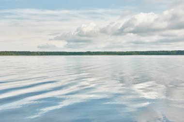 Kristal berrak bir orman gölü (nehir) kıyısından panoramik manzara. Idyllic manzara. İlkbahar, yazın başı. Doğa, çevre, ekoloji, eko-turizm, yürüyüş, tatiller, yüzme ve rahatlatıcı temalar