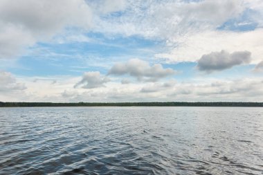 Kristal berrak bir orman gölü (nehir) kıyısından panoramik manzara. Idyllic manzara. İlkbahar, yazın başı. Doğa, çevre, ekoloji, eko-turizm, yürüyüş, tatiller, yüzme ve rahatlatıcı temalar
