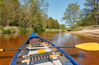Irbe nehrinde kano gezintisi. Kurzeme, Letonya. Orman. Güçlü ağaçlar, sudaki yansımalar. Doğa, ekoloji, çevre turizmi, yürüyüş, boş zaman aktivitesi, tekne gezisi, kürek çekme, spor, sağlıklı yaşam tarzı, seyahat tutkusu.
