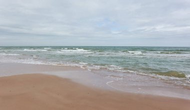 Güneşli bir bahar gününde Baltık kıyılarının panoramik manzarası. Kumsal, kum tepeleri. Yumuşak güneş ışığı. Idyllic deniz manzarası. Doğa, çevre, tatiller, eko turizm, keşif kavramları
