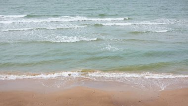 Güneşli bir bahar gününde Baltık kıyılarının panoramik manzarası. Kumsal, kum tepeleri. Yumuşak güneş ışığı. Idyllic deniz manzarası. Doğa, çevre, tatiller, eko turizm, keşif kavramları