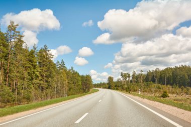 Boş bir otoyol (yeni asfalt yol) sonsuz yeşil çam ormanı boyunca. Yağmurdan önce dramatik fırtına bulutları. Turizm, yol gezisi, özgürlük, tatiller, lojistik, uzak yerler kavramları