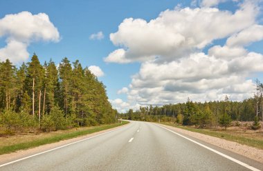 Boş bir otoyol (yeni asfalt yol) sonsuz yeşil çam ormanı boyunca. Yağmurdan önce dramatik fırtına bulutları. Turizm, yol gezisi, özgürlük, tatiller, lojistik, uzak yerler kavramları