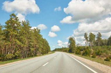 Boş bir otoyol (yeni asfalt yol) sonsuz yeşil çam ormanı boyunca. Yağmurdan önce dramatik fırtına bulutları. Turizm, yol gezisi, özgürlük, tatiller, lojistik, uzak yerler kavramları