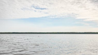 Orman gölünde bir ada (nehir). Sudaki yansımalar. Mavi gökyüzü, parlayan bulutlar. Idyllic manzara. Saf doğa, ekoloji, ekolojik rezerv, eko-turizm.
