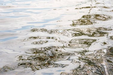 Kristal berrak suda parlayan bulutların yansımaları. Yağmur damlaları. Soyut doğal doku, arka plan, grafik kaynaklar. Doğa, çevre teması. Huzur, saflık, meditasyon kavramları.