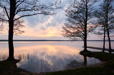 Gün batımında Orman Gölü. Ağaç siluetleri. Yumuşak güneş ışığı, parlayan bulutlar, kristal berrak suda yansıma. Idyllic manzara. Panoramik manzara. Doğa, ekoloji, çevre turizmi. Barış ve neşe kavramları