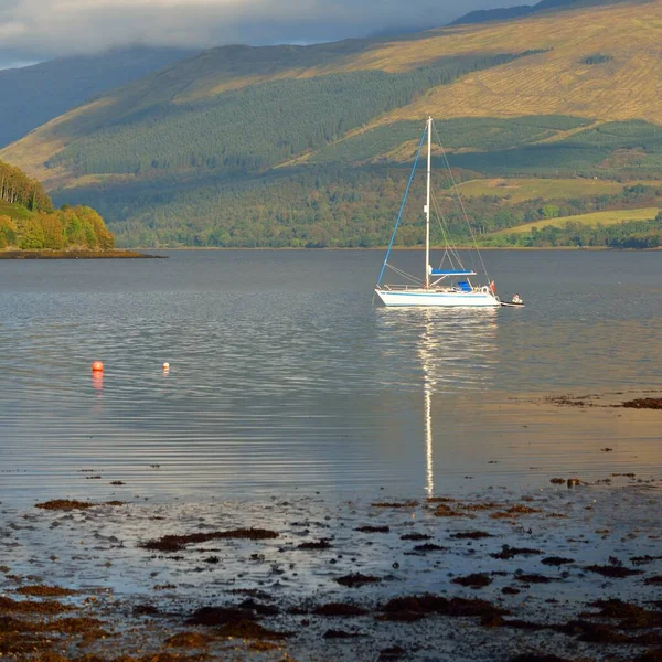 Sailboat Anchored Lake Majestic Forest Hills Scotland Atmospheric Landscape Travel — стокове фото