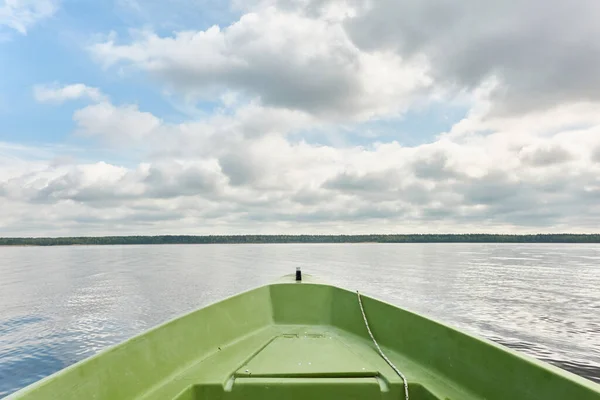 Rowing Small Green Boat Forest Lake Dramatic Sky Reflections Water — Stock Photo, Image