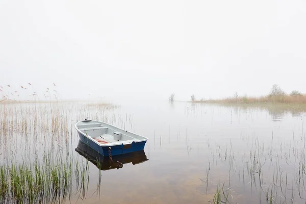 Mała Łódź Rybacka Zakotwiczona Leśnym Jeziorze Mgła Deszcz Refleksje Nad — Zdjęcie stockowe