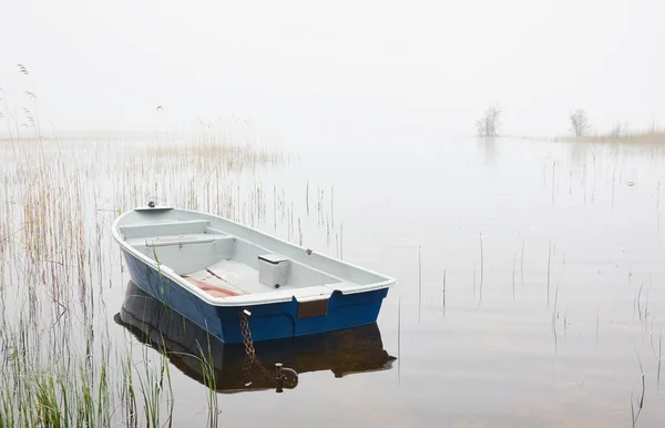 Mała Łódź Rybacka Zakotwiczona Leśnym Jeziorze Mgła Deszcz Refleksje Nad — Zdjęcie stockowe