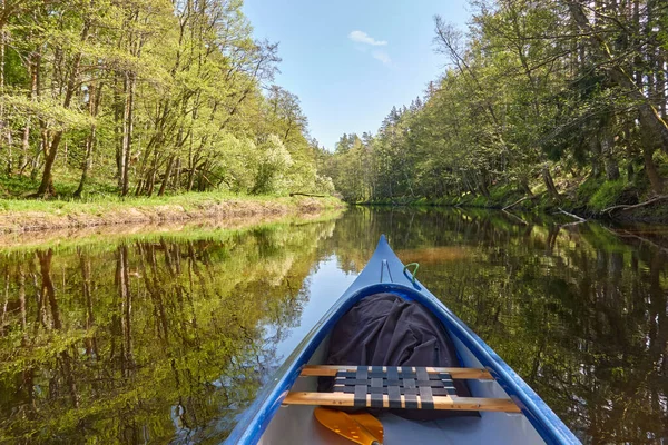 강에는 카누가 Kurzeme 라트비아 나무들 속에서 반사되는 친환경 하이킹 보트타기 — 스톡 사진