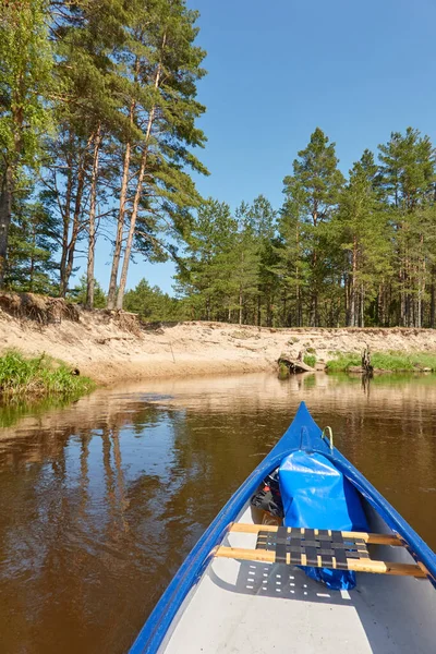 Kano Rijden Irbe Rivier Kurzeme Letland Zandstrand Altijd Groen Dennenbos — Stockfoto