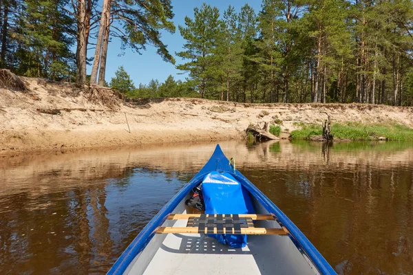 Kano Rijden Irbe Rivier Kurzeme Letland Zandstrand Altijd Groen Dennenbos — Stockfoto