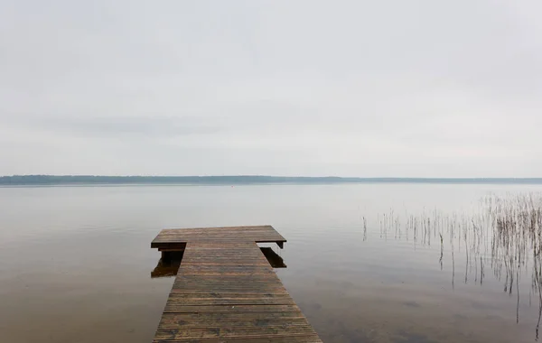 Skogssjön Träpir Glänsande Himmel Regn Mulen Dag Våren Försommaren Idylliskt — Stockfoto