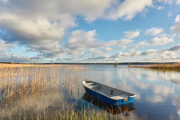 Mała Łódź Rybacka Zakotwiczona Leśnym Jeziorze Refleksje Nad Wodą Transport — Zdjęcie stockowe