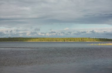 Kristal berrak bir orman gölü (nehir) kıyısından panoramik manzara. Dramatik gökyüzü, parlayan fırtına bulutları. Idyllic manzara. İlkbahar, yazın başı. Doğa, çevre, ekoloji, eko-turizm, yürüyüş