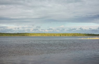 Kristal berrak bir orman gölü (nehir) kıyısından panoramik manzara. Dramatik gökyüzü, parlayan fırtına bulutları. Idyllic manzara. İlkbahar, yazın başı. Doğa, çevre, ekoloji, eko-turizm, yürüyüş