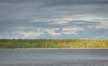 Kristal berrak bir orman gölü (nehir) kıyısından panoramik manzara. Dramatik gökyüzü, parlayan fırtına bulutları. Idyllic manzara. İlkbahar, yazın başı. Doğa, çevre, ekoloji, eko-turizm, yürüyüş