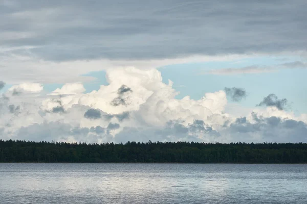 从水晶般清澈的森林湖岸上俯瞰全景 戏剧化的天空 闪耀的暴风云 Idyllic景观 生态旅游 — 图库照片