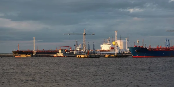 Stora Lastfartyg Lastar Hamnterminalen Kranar Bakgrunden Frakt Transport Nautiska Fartyg — Stockfoto
