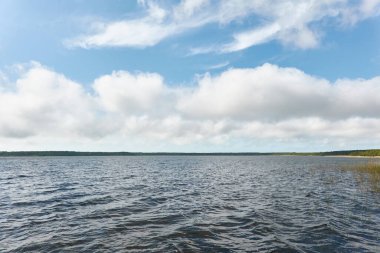 Kristal berrak bir orman gölü (nehir) kıyısından panoramik manzara. Idyllic manzara. İlkbahar, yazın başı. Doğa, çevre, ekoloji, eko-turizm, yürüyüş, tatiller, yüzme ve rahatlatıcı temalar