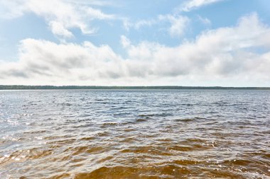 Kristal berrak bir orman gölü (nehir) kıyısından panoramik manzara. Idyllic manzara. İlkbahar, yazın başı. Doğa, çevre, ekoloji, eko-turizm, yürüyüş, tatiller, yüzme ve rahatlatıcı temalar
