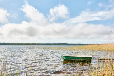 Orman gölüne demir atmış küçük yeşil bir tekne. İskandinavya. Ulaşım, geleneksel zanaat, eğlence, boş zaman aktivitesi, sağlıklı yaşam tarzı, yerel turizm, spor, kürek çekme, yürüyüş, yaz tatilleri temaları