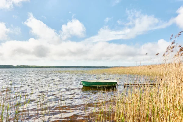 Kleine Groene Boot Verankerd Bos Meer Scandinavië Vervoer Traditionele Ambacht — Stockfoto