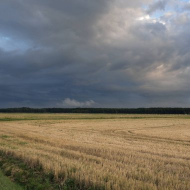 Dramatik gökyüzü, zirai tarlaların ve ormanların üzerindeki kara bulutlar. Kırsal alan. Atmosferik manzara. Sonbaharın başında. Doğa, kararsız hava, ekoloji, çevre, tarım endüstrisi, uzak yerler