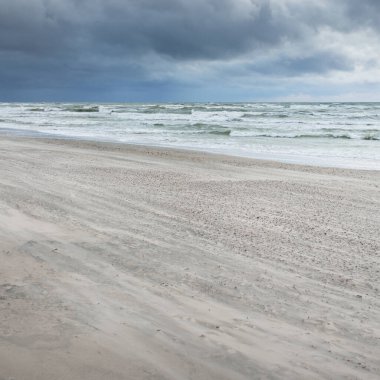 Baltık kıyıları (kum tepeleri) fırtınadan sonra gün batımında. Dramatik gökyüzü, parlayan bulutlar, rüzgar. Sonbahar manzarası. Doğa, çevre, ekoloji, kararsız hava, iklim değişikliği
