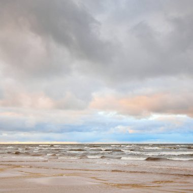Gün batımında Baltık kıyısı. Kumsal manzarası (kum tepeleri). Dramatik günbatımı gökyüzü, parlayan bulutlar. Idyllic manzara. Doğa, tatiller, eğlence. Çevre turizmi. Panoramik görünüm