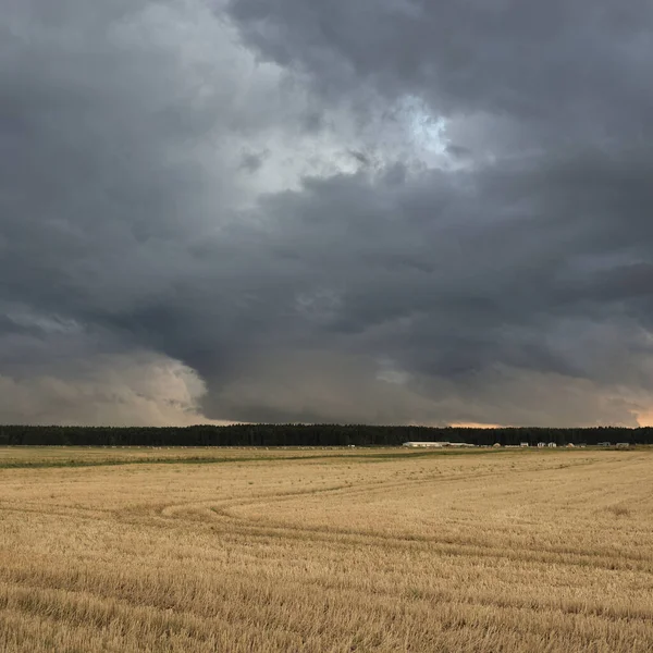 Dramatischer Himmel Dunkle Wolken Über Dem Gepflügten Acker Und Wald — Stockfoto