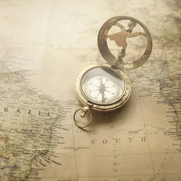 Retro Style Antique Golden Compass Sundial Old Nautical Chart Close — Stok Foto