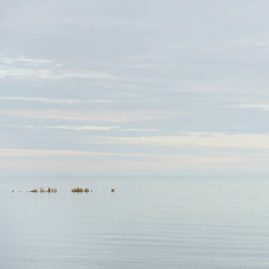 Güneşli bir günde Baltık Denizi kıyısı. Gökyüzü açık. Idyllic deniz manzarası. Doğa, tatiller, eğlence. Çevre turizmi. Panoramik görünüm