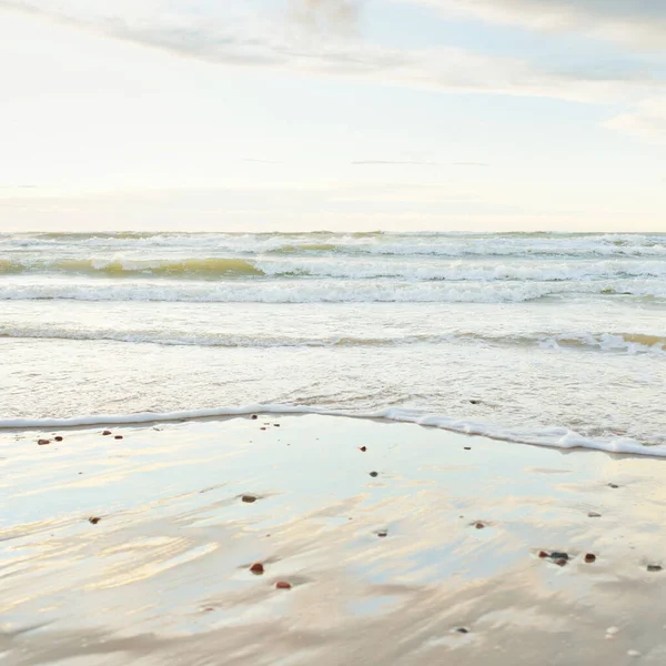 Gün batımında Baltık kıyısı. Açık günbatımı gökyüzü, parlayan bulutlar. Idyllic manzara. Doğa, tatiller, eğlence. Çevre turizmi. Panoramik görünüm