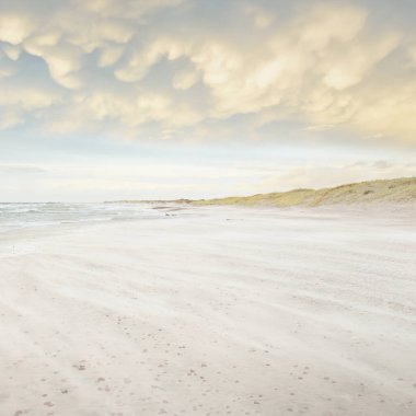 Gün batımında Baltık kıyısı. Açık günbatımı gökyüzü, parlayan bulutlar. Idyllic manzara. Doğa, tatiller, eğlence. Çevre turizmi. Panoramik görünüm