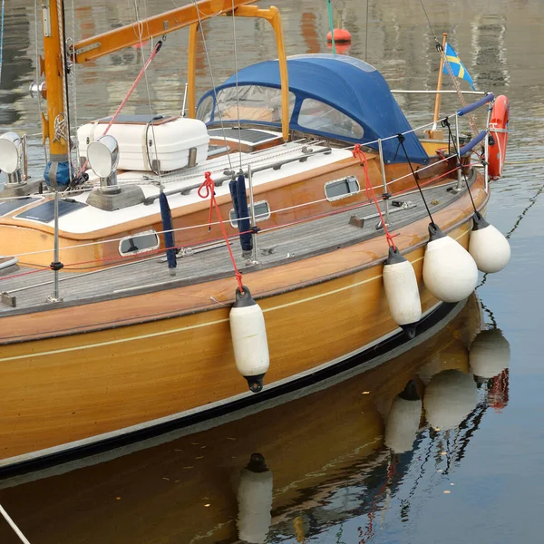 Modern Classic Wooden Swedish Cruising Sailboat Moored Pier Yacht Marina — стоковое фото