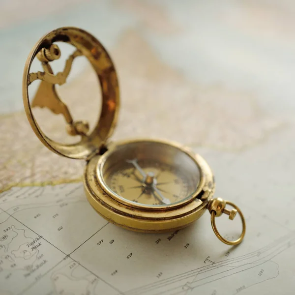 Retro Style Antique Golden Compass Sundial Old Nautical Chart Close — ストック写真