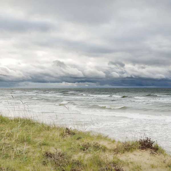 Fırtınadan sonra Baltık kıyısı (plaj). Kum tepeleri, kum tepeleri. Dramatik gökyüzü, dalgalar ve su sıçramaları. Doğa, ekoloji, kararsız hava, iklim değişikliği, eko-turizm, yürüyüş kavramları