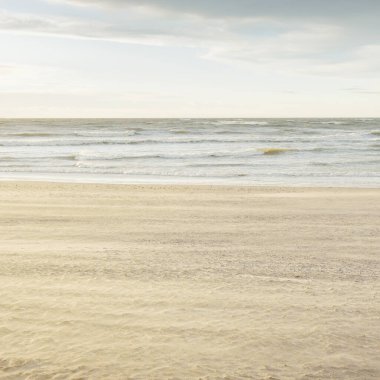 Gün batımında Baltık kıyısı. Açık günbatımı gökyüzü, parlayan bulutlar. Idyllic manzara. Doğa, tatiller, eğlence. Çevre turizmi. Panoramik görünüm