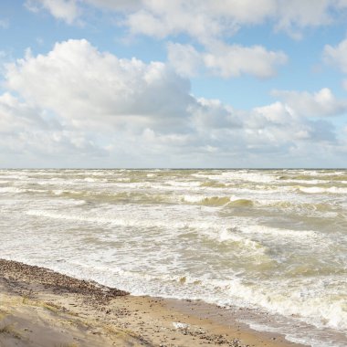 Fırtınadan sonra Baltık kıyıları (kum tepeleri, plaj). Dramatik gökyüzü, parlayan bulutlar. Resimli panoramik manzara. Doğa, çevre, ekoloji, eko-turizm, yürüyüş, keşif kavramları