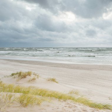 Baltık kıyıları (kum tepeleri) fırtınadan sonra gün batımında. Açık gökyüzü, parlayan bulutlar, rüzgar. Sonbahar manzarası. Doğa, çevre koruma, ekoloji, eko-turizm, yerel seyahat