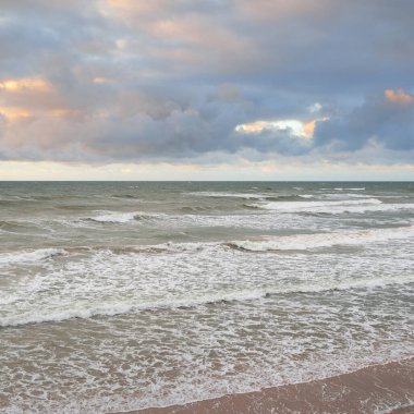 Gün batımında Baltık kıyılarından panoramik manzara. Dramatik bulutlar, parlayan bulutlar, fırtınadan sonra altın güneş ışığı. Doğa, çevre, iklim değişikliği, kararsız hava