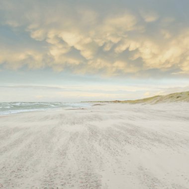 Gün batımında Baltık kıyısı. Açık günbatımı gökyüzü, parlayan bulutlar. Idyllic manzara. Doğa, tatiller, eğlence. Çevre turizmi. Panoramik görünüm