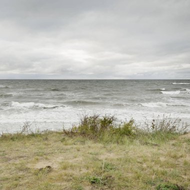 Fırtınadan sonra Baltık kıyısı (plaj). Kum tepeleri, kum tepeleri. Dramatik gökyüzü, dalgalar ve su sıçramaları. Doğa, ekoloji, kararsız hava, iklim değişikliği, eko-turizm, yürüyüş kavramları